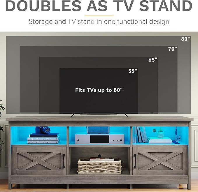 DWVO Farmhouse TV Stand with Power Outlets &amp LED Lights Entertainment Center for TVs up to 80 TV Console with Storage Cabinets &amp Open Shelves for Living Room (Washed Grey)