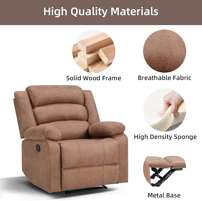 Manual Recliner Chair with Overstuffed Arm and Extra-Padded Back Breathable Fabric Reclining Chair for Adults Single Sofa for Living Room Bedroom (Chocolate)