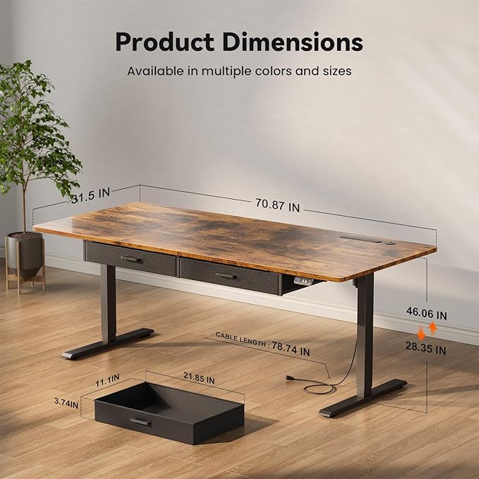 HLDIRECT Electric Standing Desk Extra Large 71 x 31.5 Inches Height Adjustable Table with Outlets Sit Stand Computer Desk with Drawers for Home Office Ergonomic Rising Workstation Rustic Brown