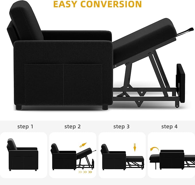 YITAHOME Convertible Sofa Chair Bed 3-in-1 Sleeper Sofa with Pull-Out Bed Linen Fabric Single Sleeper Chair with Reclining Backrest and Wide Armrest Modern Lounge Sofa for Small Space Black