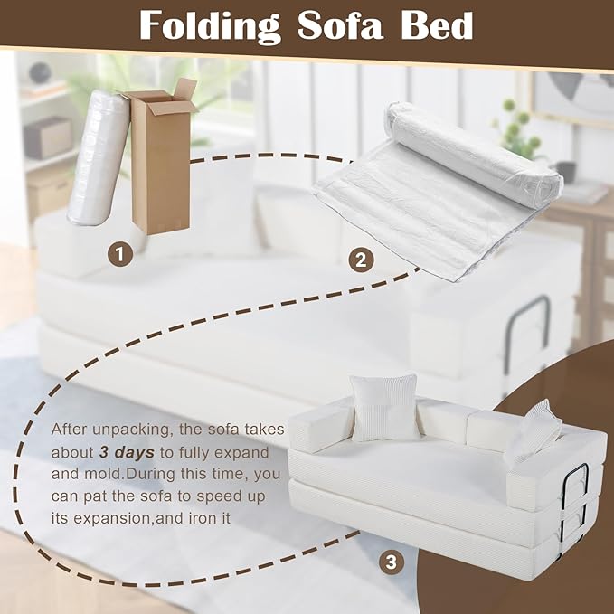 4-in-1 Convertible Folding Sofa Bed 79 Oversized Corduroy Upholstered Boneless Couch Loveseat Sleeper Sofa Bed Floor Sofabed Modular Futon Couch for Living Room Bedroom Lounge (Cream)