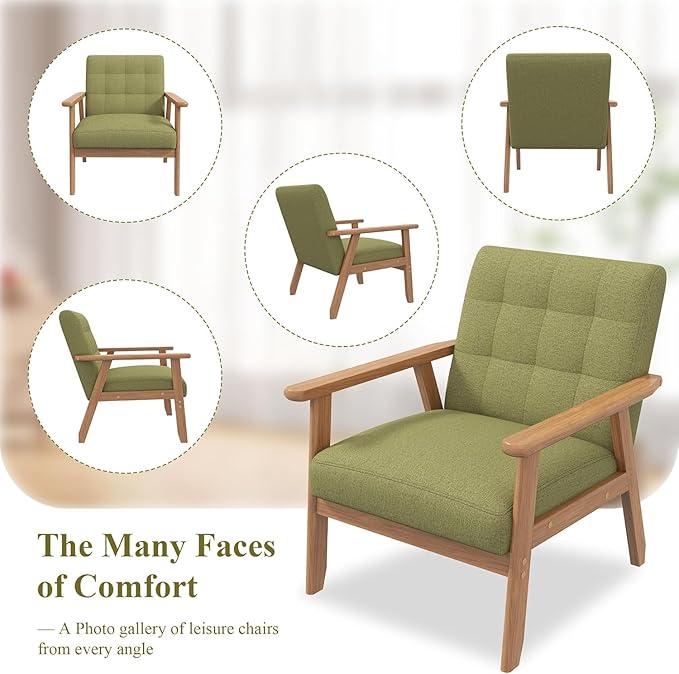 Westice Accent Chair 1PC Mid-Century Modern Living Room Chairs with Solid Wood Frame &amp Soft Thicken Cushion Upholstered Reading Arm Chair for Bedroom Balcony Green Linen Fabric &amp Natural L