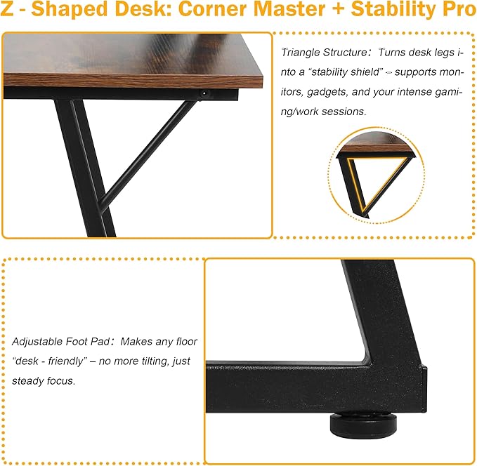 Bigacc L Shaped Gaming Desk 50 Corner Desk Spacious Dual Tops P2 Particleboard Metal Z-Legs Adjustable Non-Slip Pads Scratch/Waterproof Multi-Use Home Office/Game Room/Dorm