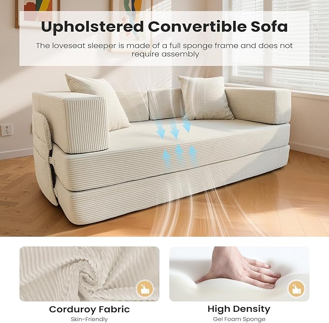 5‑in‑1 Futon Sofa Bed Queen – Floor Foldable Convertible Sofa Couch with L‑Shaped Armrests Removable Cover White Convertible Guest Bed | Space‑Saving Fold‑Out Mattress Lounge for Living Room/Bedroom