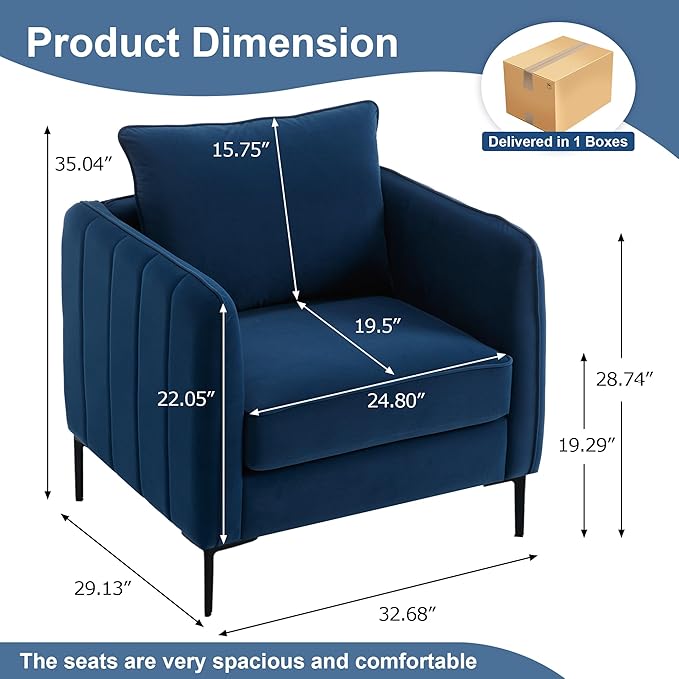 Blue Velvet Accent Chairs Set of 2 Modern Upholstered Accent Chair Comfy Velvet Armchair with Thick Cushion and Wood Frame Single Sofa/Side Chair for LivingRoom Bedroom Nursery Office
