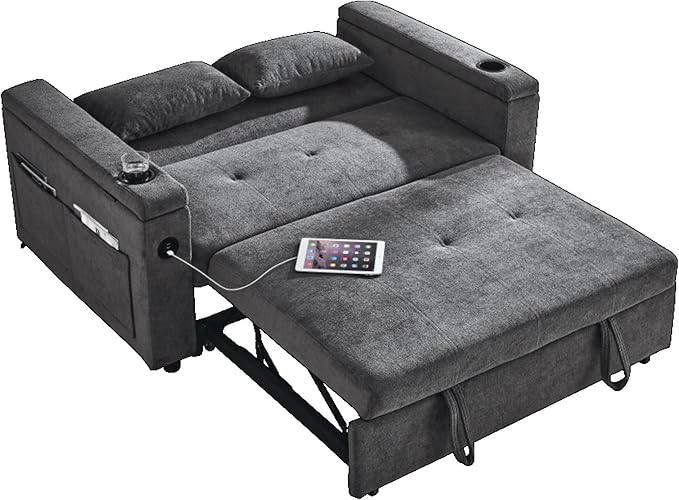 Convertible Sleeper Sofa Bed Pull-Out Recliner Couch with Adjustable Backrest Storage Armrests Side Pockets Cup Holders USB Charging Ports Chenille Loveseat for Living Room Use (Grey)