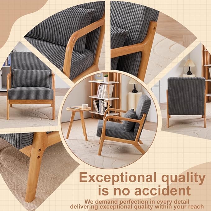 Mid-Century Accent Chair Upholstered Fabric Living Room Chair with Solid Wood Frame Modern Small Side Arm Chairs Comfy Wingback Reading Chair for Bedroom Office (Dark Grey A+Table)