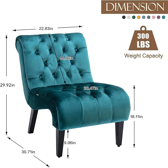 KINFFICT Velvet Accent Lounge Chair for Living Room Modern Leisure Chair with Tufted Backrest Indoor Armless Side Chair Upholstered Bedroom Sleeper Chair with Solid Wood Legs