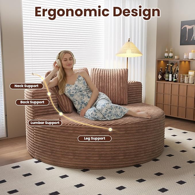 Oversized Round Chaise Lounge Chair Indoor 50'' Corduroy Single Floor Sofa Chairs Circle Deep Seat Sleeper Chair Modern Upholstered Boneless Sofa for Living Room Bedroom Apartment Brown