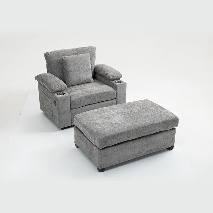 58'' Chaise Lounge Chair Indoor Cloud Arm Chair with Ottoman Set Oversized Accent Chair with Ottoman Reading Chair with Cup Holders &amp USB Charging Ports for Living Room Bedroom (Grey)