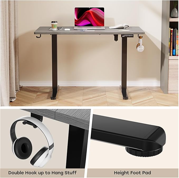 Grey Standing Desk 48 X 24 Inch Adjustable Height Electric Table Sit Stand Desk with 2 Hooks Ergonomic Rising Workstation with Splice Board