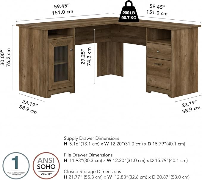 Bush Home Cabot 60W L Shaped Computer Desk with Storage in Reclaimed Pine 60-inch Corner Table with Drawers for Home Office Workspace