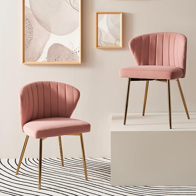 HULALA HOME Dining Chairs Set of 2 Velvet Upholstered Kitchen &amp Dining Room Chairs with Metal Legs Vanity Chair Armless Side Chairs for Living Room Bedroom Restaurant Channel Curved Backrest Pin