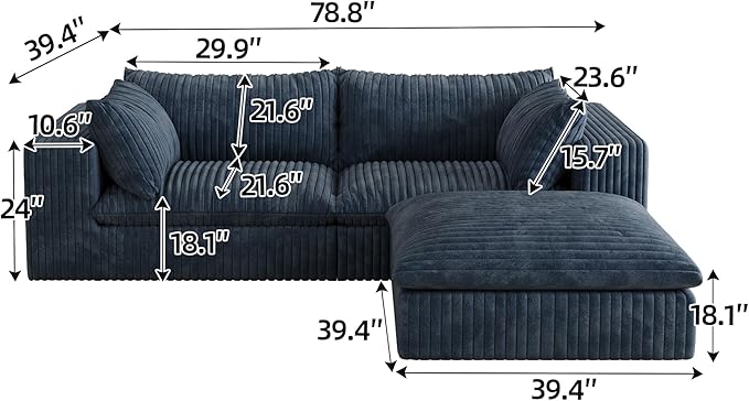 78.7 L Shaped Modular Sectional Sofa Cloud Couch with OttomanPlush Corduroy Couches for ApartmentNo Assembly RequiredBlue