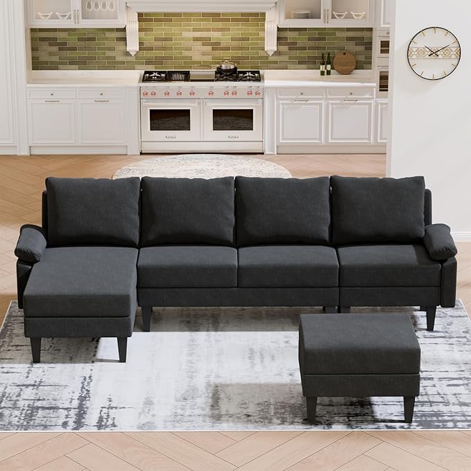 115 Modular Sectional Sofa U Shaped Sectional Comfy Couch for Living Room Convertible Modular Sofa Couch with Ottomans and Chaise High Supportive &amp Soft Sponge 6 Seats Black