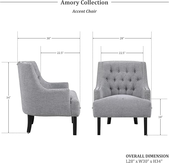 Lexicon Accent Chair Reading Chair Comfy Chair for Bedroom Upholstered Armchair with Solid Wood Frame Tufted Cushion Nail Head Trim Single Sofa Chair for Living Room Office Grey Chenille