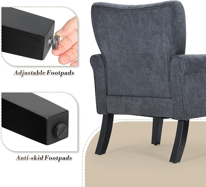 Athena Collection Mid Century Modern Chair for Living Room Upholstered Wingback Reading Chair for Adults Comfy Linen Fabric Armchair with Wooden Legs for Bedroom Dorm Balcony Grey