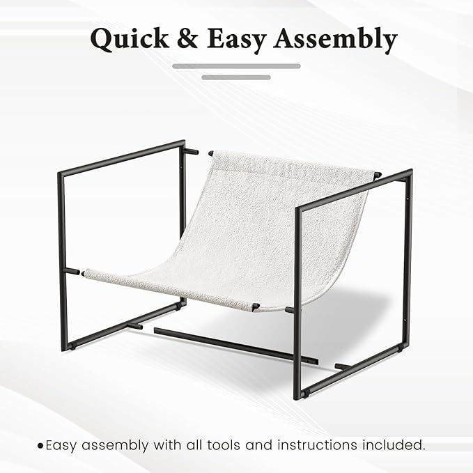 Furniliving Sling Accent Chair with Metal Frame Comfortable Boucle Fabric Arm Chair Upholstered Cozy Reading Chair for Living Room Bedroom Dressing Room Home Office Purewhite