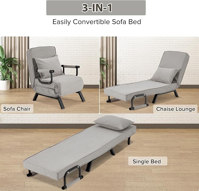 Convertible Sofa Bed Sleeper ChairSingle Person Chaise Lounge Couch with PillowUpholstered Lazy Bed with 6 Angles Adjustable BackrestFolding Sofa Arm Chair for Apartment/Office/Home (Light Gray)