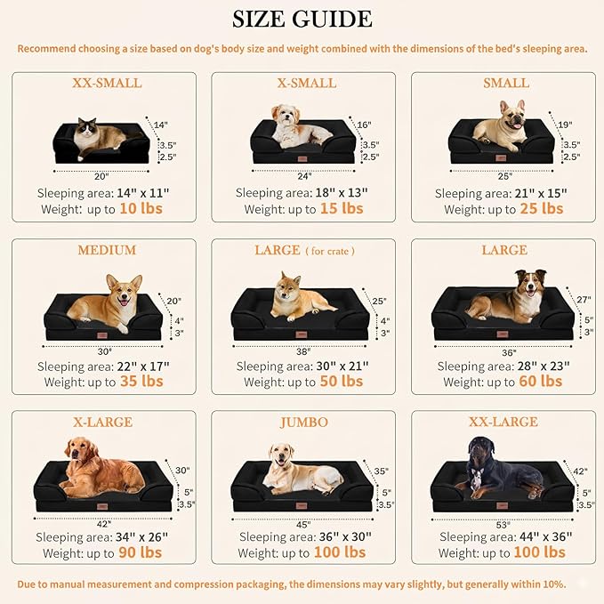 Comfort Expression Orthopedic Dog Bed for Extra Large Dogs 48x30 Inch Waterproof Egg Crate Foam XXL Pet Bed with Removable Bolsters Dog Couch with Washable Cover &amp Non-Slip Bottom Black