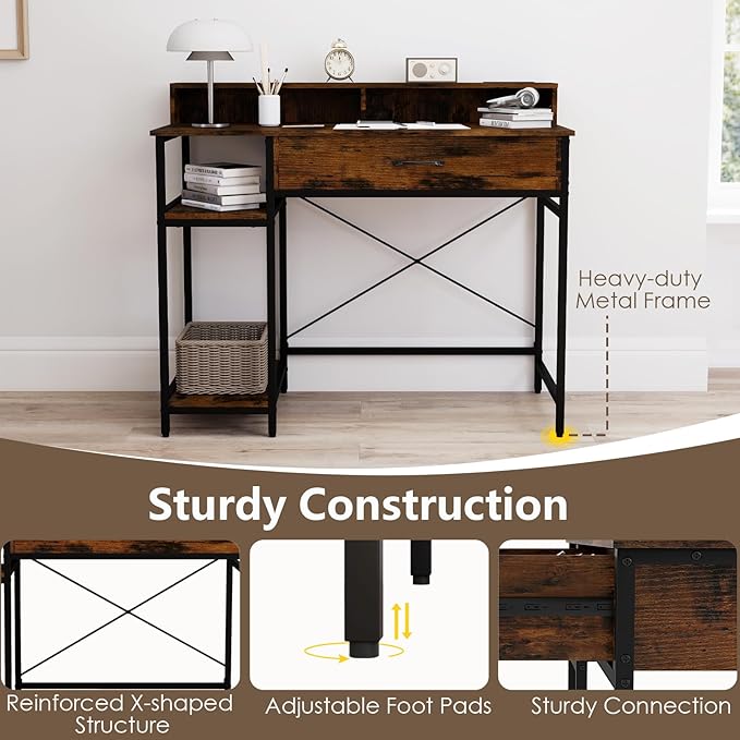 Tangkula Small Computer Desk with Power Outlets 42 Writing Desk with Hutch Drawer &amp 2 Open Shelves Gaming Table with Heavy-Duty Metal Frame for Home Office (Rustic Brown)
