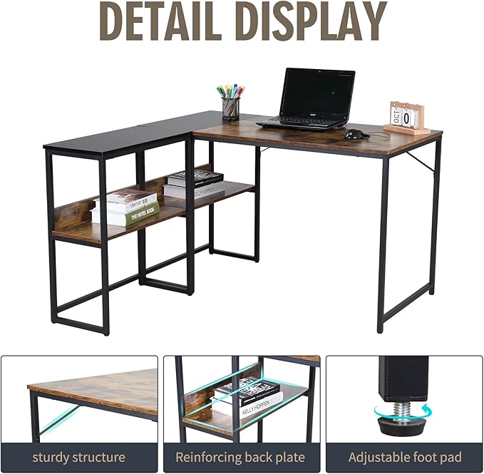 UNICOO® 3 Combination L Shaped Corner Desk with Shelves Computer Desk with Drawers Home Office Writing Study Bookshelf Desk Combo Multi-Function 4 Tier Reversible Storage Bookshelf (XJH-2402)