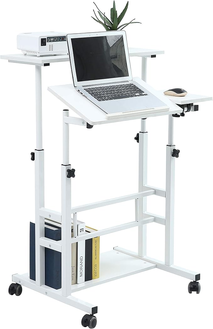 UNICOO Portable Standing Desk on Wheels Height Adjustable Mobile Workstation Versatile Sit-Stand Desk for Home Office (White Frame/White Top)