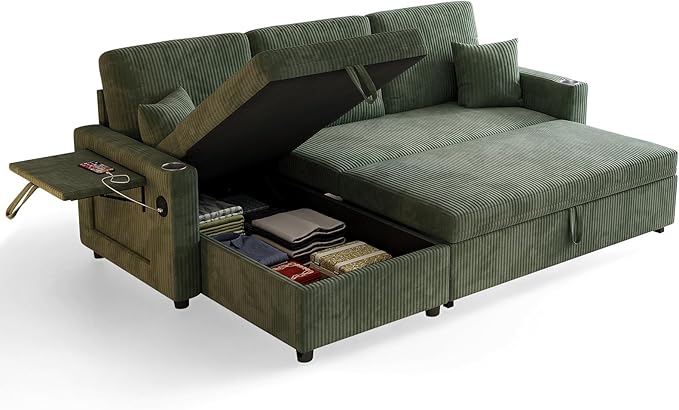 L-Shape Sleeper Sofa with Storage &amp Ports Pull-Out Couch Bed with Cup Holders Side Pockets &amp Side Table for Living Room Apartment Green