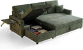 L-Shape Sleeper Sofa with Storage &amp Ports Pull-Out Couch Bed with Cup Holders Side Pockets &amp Side Table for Living Room Apartment Green