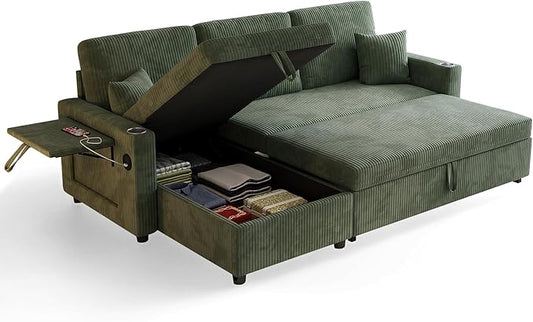 L-Shape Sleeper Sofa with Storage &amp Ports Pull-Out Couch Bed with Cup Holders Side Pockets &amp Side Table for Living Room Apartment Green