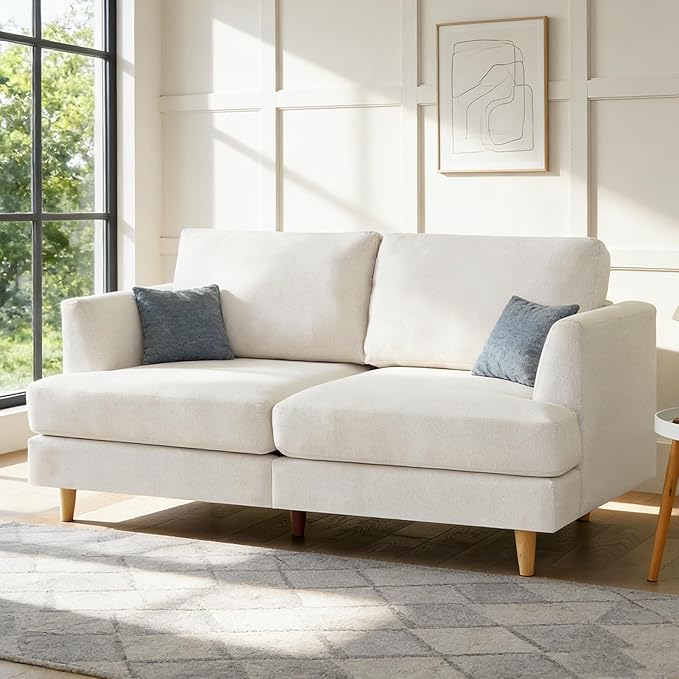 56 Loveseat Sofa Small Love Seat Couches for Living Room Midcentury Modern Deep Seat Sofa with Wood Legs Compact Couch for Apartment Office Small Spaces Beige