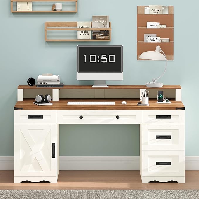 Farmhouse Executive Desk with Drawers &amp Storage Shelves 55 Computer Desk with Power Outlets Home Office Desk with Monitor Stand &amp File Drawers Writing Study Table Antique White