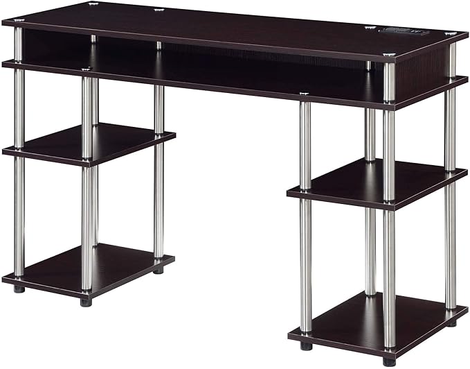 Convenience Concepts Designs2Go No Tools Student Desk with Charging Station and Shelves Espresso