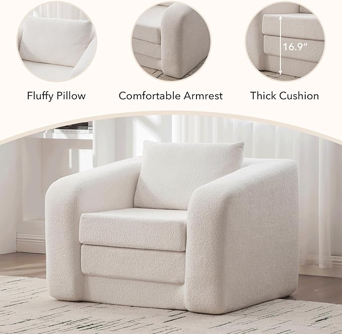 Convertible Sofa Bed Chenille Upholstered Pull Out Sofa Bed with Pillows 2-in-1 Sofa Chair with Minimalist Design Comfy Folding Mattress Couch for Apartment (Ivory Single Sofa Bed)
