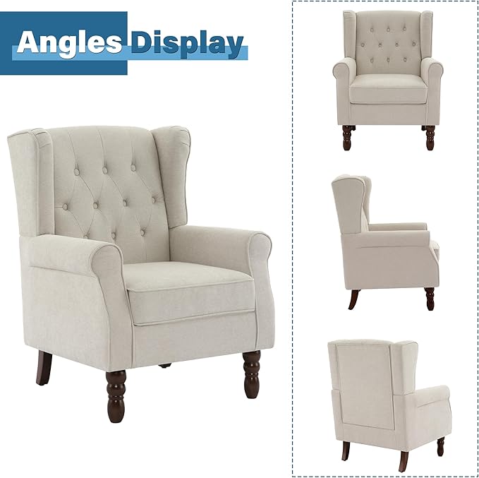 High Back Accent Chairs Set of 2 High Wingback Chair for Living Room Button-Tufted Upholstered Fabric Armchair with Solid Wood Legs Comfy Single Sofa Reading Chair for Bedroom Beige