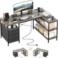 MUTUN L Shaped Computer Desk with 3 Drawers &amp Power Outlets 47 Inch Corner Desk with Reversible Storage Shelves PC Table for Home Office Bedroom (Grey 47 Inch)