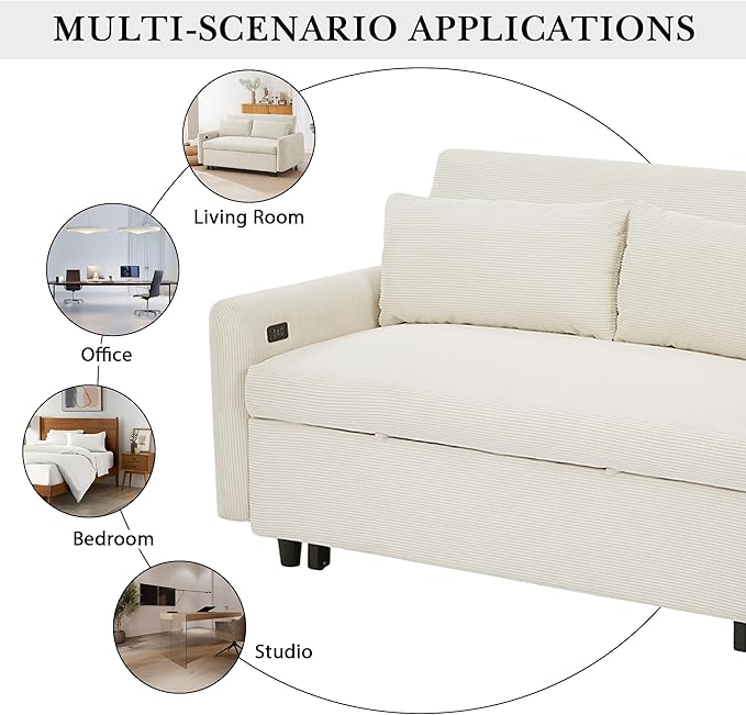 Merax Pull-Out Sofa Bed Convertible Couch 2 Seat Loveseat Sofa Modern Sleeper Sofa with Two Throw Pillows and USB Ports for Living Room Beige