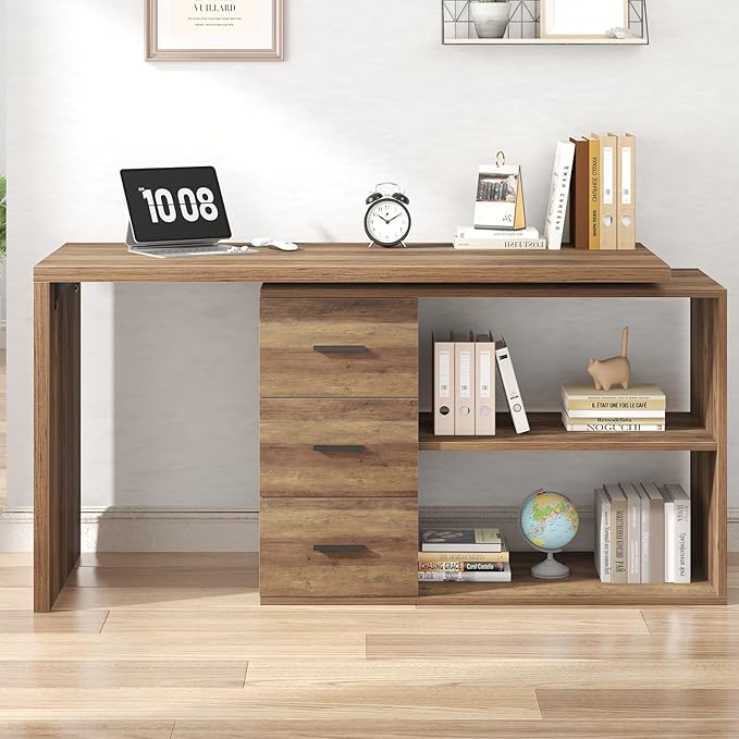 HSH L Shaped Desk with Storage Drawers Shelves Large Corner Computer Table in Home Office Industrial Wood Desk for Executive Writing Work Study Rustic Oak 55 Inch