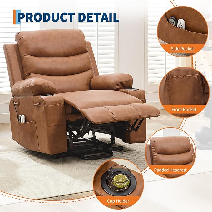 GarveeHome Power Lift Recliner Chair for Elderly Oversized Electric Lift Chair with Heat and Massage PU Leather Adjustable Recliner with Cup Holders &amp Side Pocket for Living Room Brown