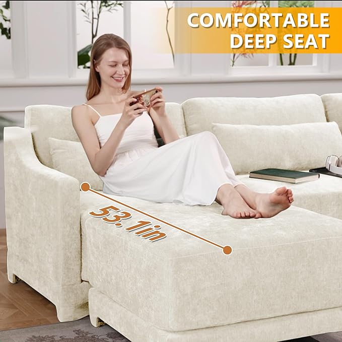 Modular Sectional Sofa Set Optional 2-4 Seater with Lumbar Pillows &amp 0-2 Ottomans Chenille Fabric Ergonomic Easy Assembly for Living Room/Bedroom/Reading Nook (4 Seat + 1 OttomanBeige)