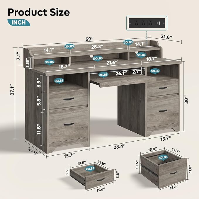 Bestier Farmhouse 59 Executive Desk with Drawers Wood Computer Desk with Charging Station Home Office Desk with Keyboard Tray &amp Monitor Stand Sturdy Pedestal Desk for Work Study Grey