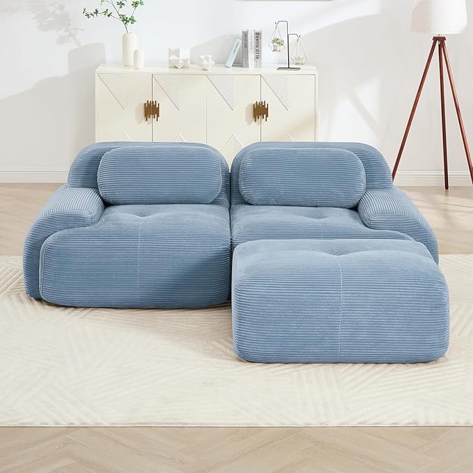 80 Modern Corduroy Boneless Love Seat Couches with 1 Ottoman 2 Seater Large Sectional Couches for Living Room Blue Cloud Modular Sectional Sofa Memory Foam Extra Deep Loveseat No Assembly