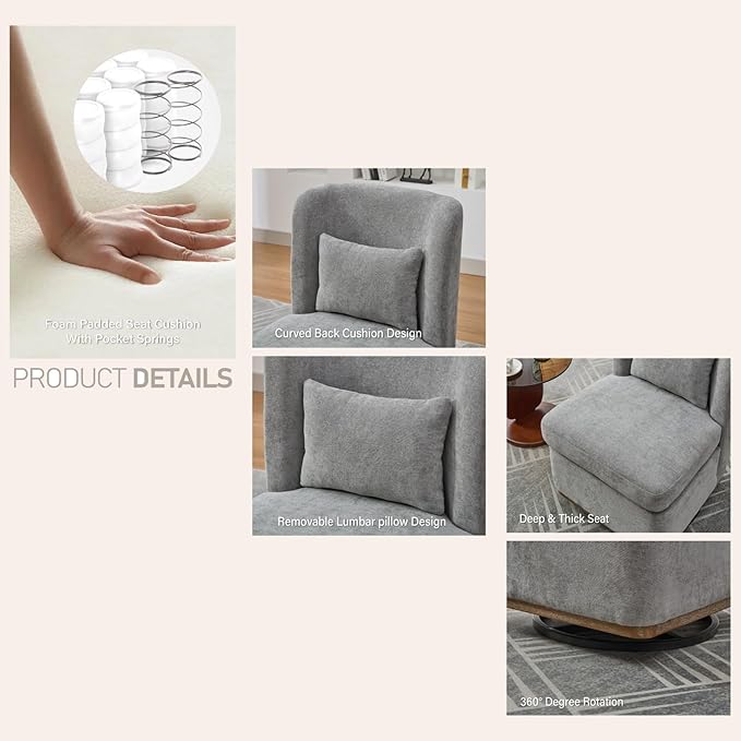 Swivel Accent Chair for Living Room25.2 Modern Chenille 360° Rotating Armless Chair with Metal BaseUpholstered Seat &amp PillowReading Chair for Office &amp Bedrooms (Gray)
