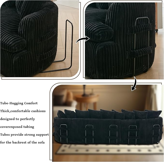 129 Oversized L-Shaped Sectional Couch Corduroy Upholstery Boneless Couch with 10 Pillows Modern Cloud Sofa Black Couches for Living Room Soft Deep Seat Sponge Sofa No Assembly