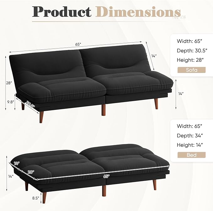 Homall Futon Sofa Bed Modern Loveseat Futon Couch with Adjustable Backrest and Armrests Sleeper Sofa Bed with Wood Frame for Living Room Office Apartment (Fabric Black)
