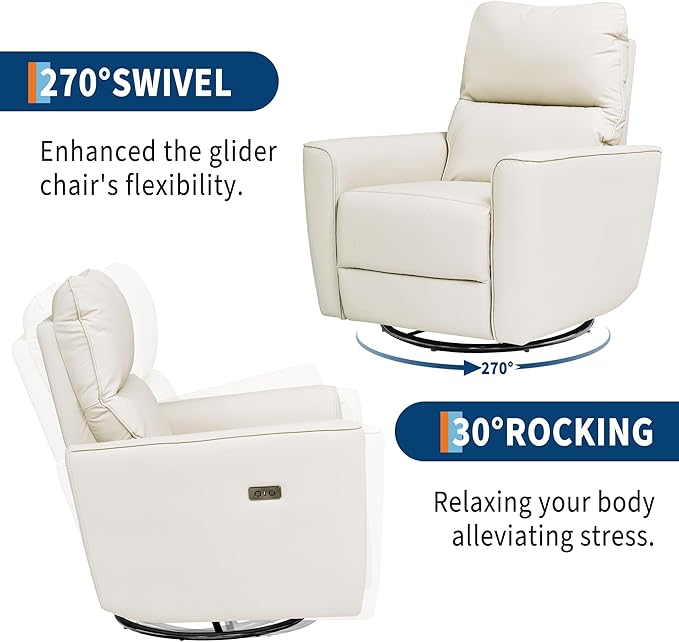 GarveeHome Power Swivel Glider Recliner Chair PU Leather Nursery Electric Rocker Recliner Chair with Lumbar Support &amp USB Port for Living Room Bedroom and Nursery (White)