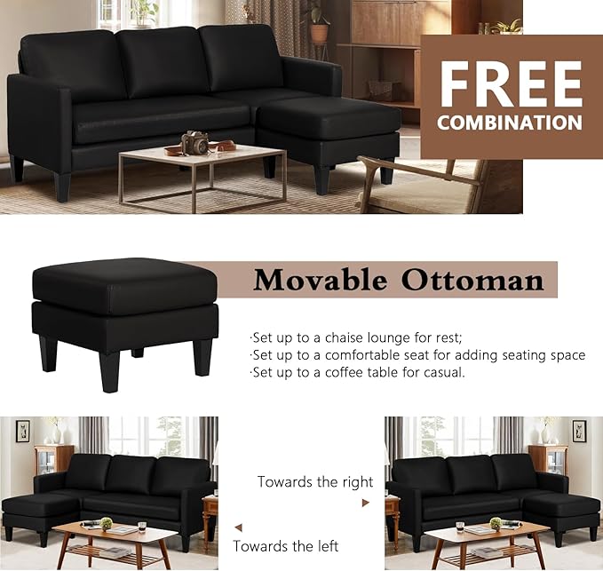 LEISU L Shaped Leather Sectional Sofa with Chaise for Small SpaceLiving Rooms Convertible CouchModern Modular Furniture Sets Suitable for HomeApartmentsDormBonus Living Room(Black)