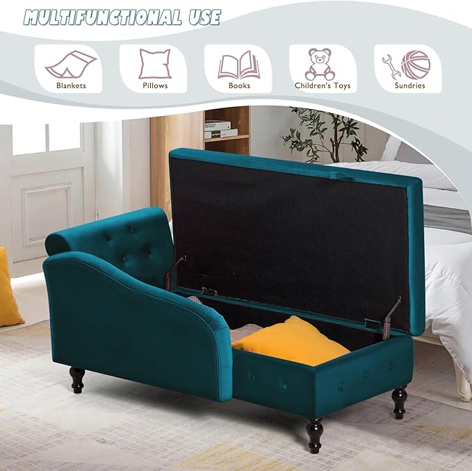 Upholstered Chaise Lounge with Left Armrest &amp Lumbar PillowButton Tufted Lounge Sofa with StorageLounge Chair IndoorModern Velvet Lounge Chair for Bedroom Living Room and OfficeTeal