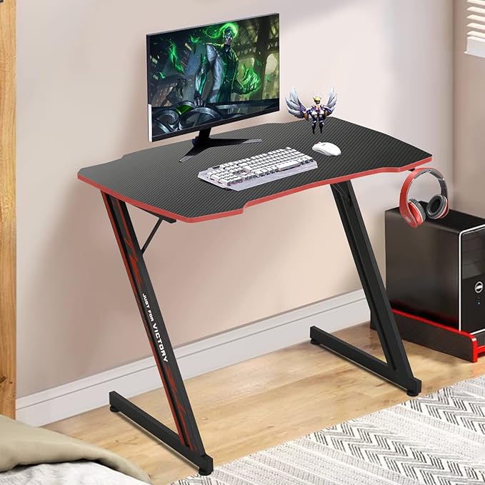 HKLGorg Gaming Desk Computer Desk Z Shaped Gaming Table Writing Modern Ergonomic Racing Style Home Office Table Workstation Carbon Fiber Headphone Hook for Men Boyfriend Female Gift (Red 35)