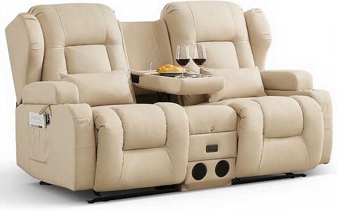 URRED Manual Loveseat Recliner Sofa with Console Rocker Recliner Couch with Bluetooth Speakers USB Ports &amp AC Outlets Cup Holders and Side Pocket for Living Room &amp Home Theater (Leathaire B